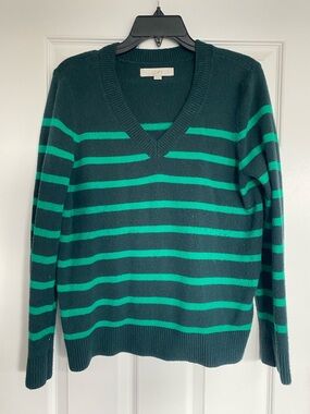 LOFT Women’s Dark Green V-Neck Sweater with Bright Green Stripes